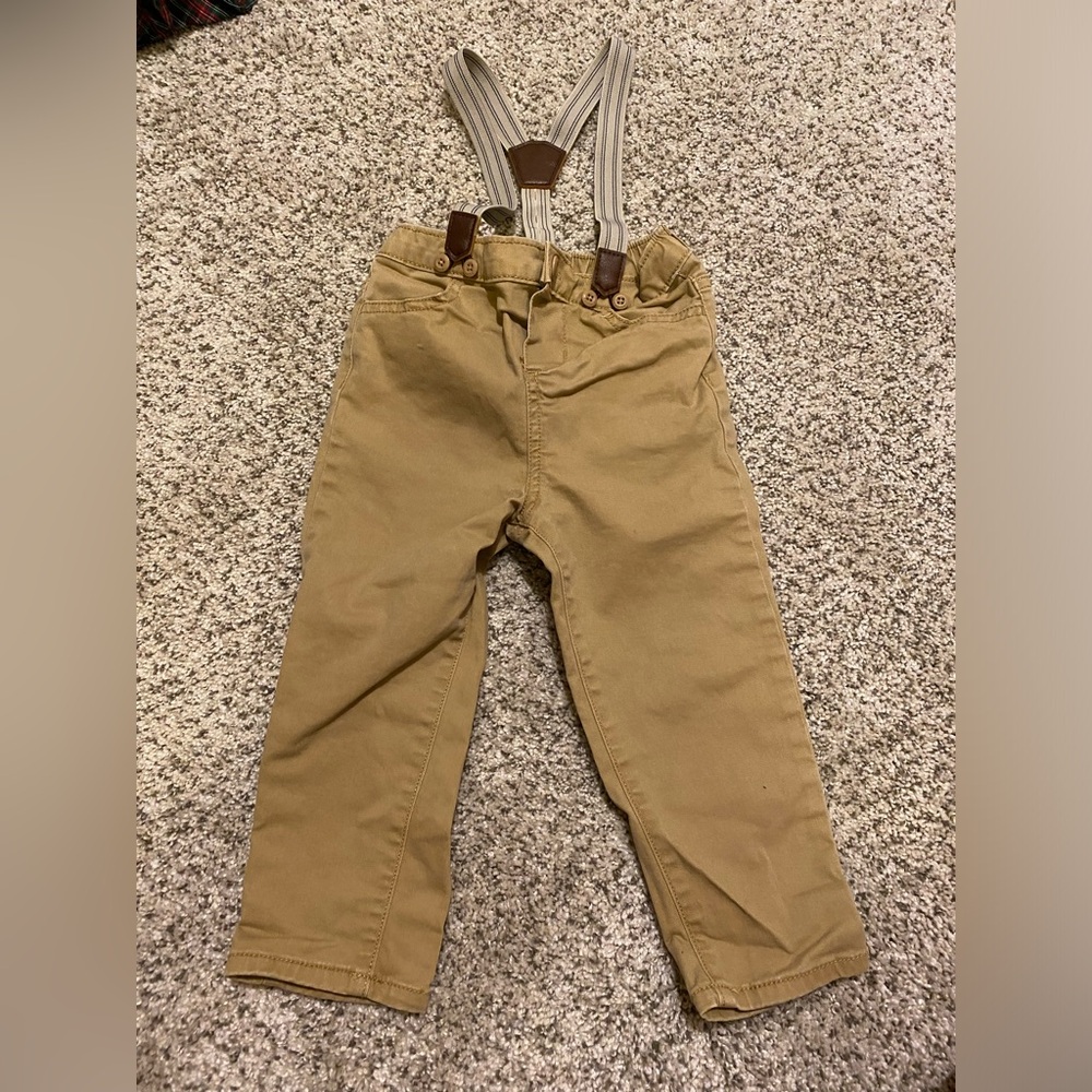 Boys tan pants with attached suspenders by Oshkosh; size 24 months